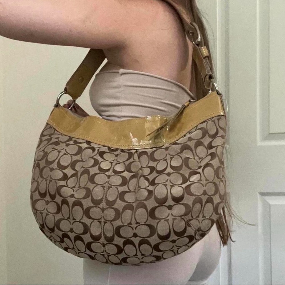 Coach Signature Hobo Bag in Beige Canvas with Yellow Trim